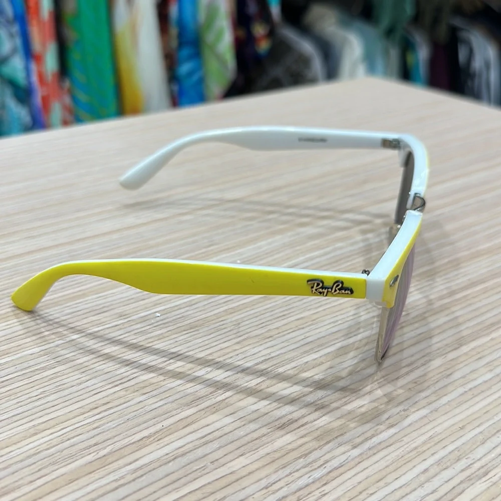 Yellow and White Ray-Ban Sunglasses with Yellow Mirrored Lenses